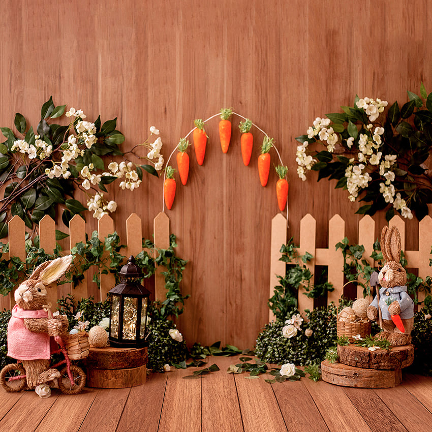 Vintage Holz Hase Blumen Ostern Hintergrund D1074