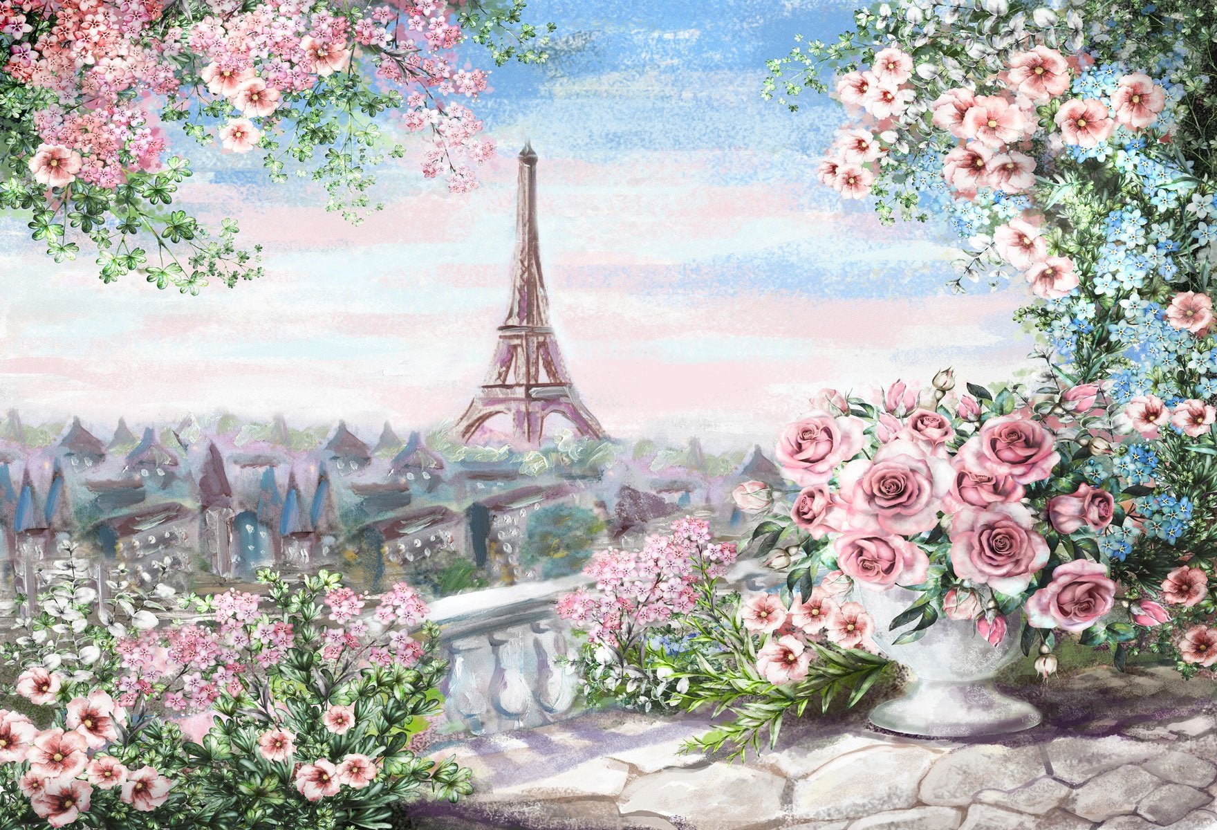 Spring Flowers Eiffel Tower Paris Photo Backdrop HJ03190