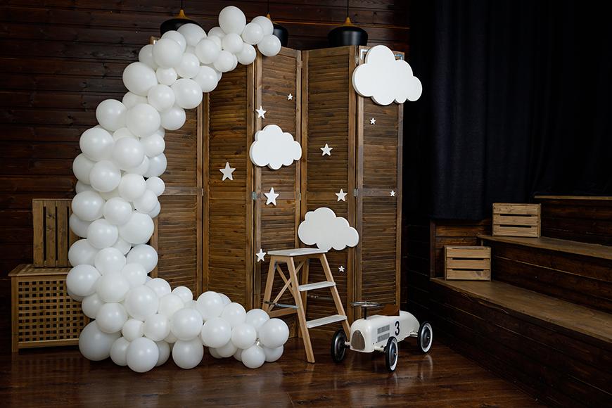 White Balloons Retro Wood Children  Photography Backdrop