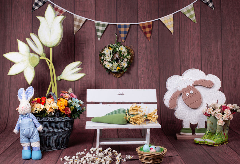 Easter Bunny Egg Basket Flower Wood Backdrop