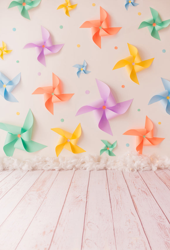 Colorful Paper Pinwheel Wall Wood Floor Backdrop